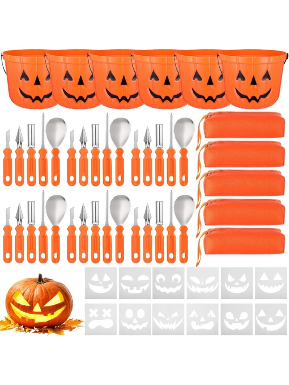 Pumpkin Carving Kit - 6 Stainless Steel Tools & Stencils for Halloween Fun